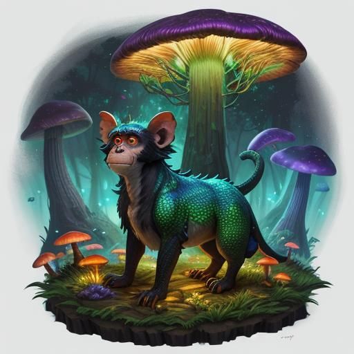 Dragon Monkey Dog Hybrid in Forest: Oil Painting