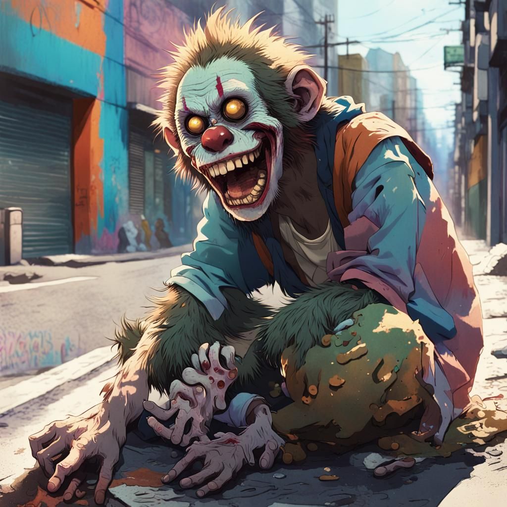 Anime Zombie Monkey Clown in Cityscape