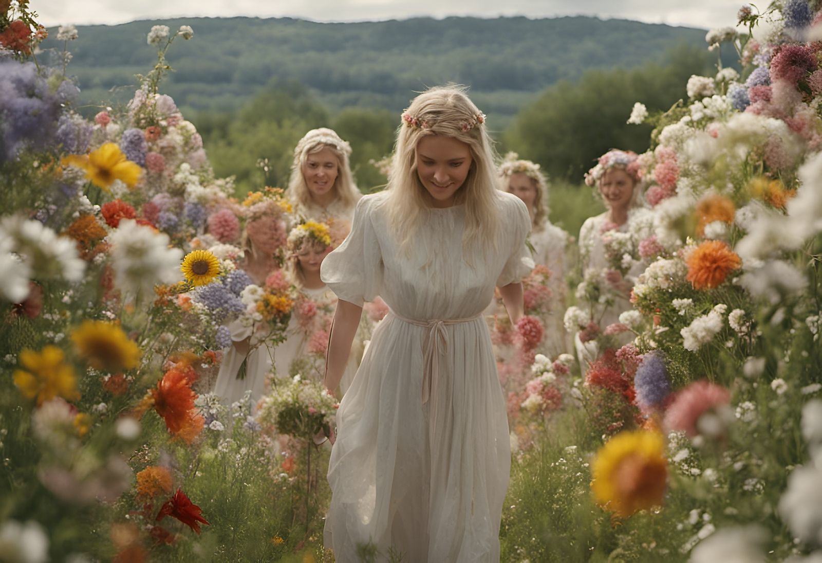 Emotional Floral Scene: Woman Surrounded by Flowers