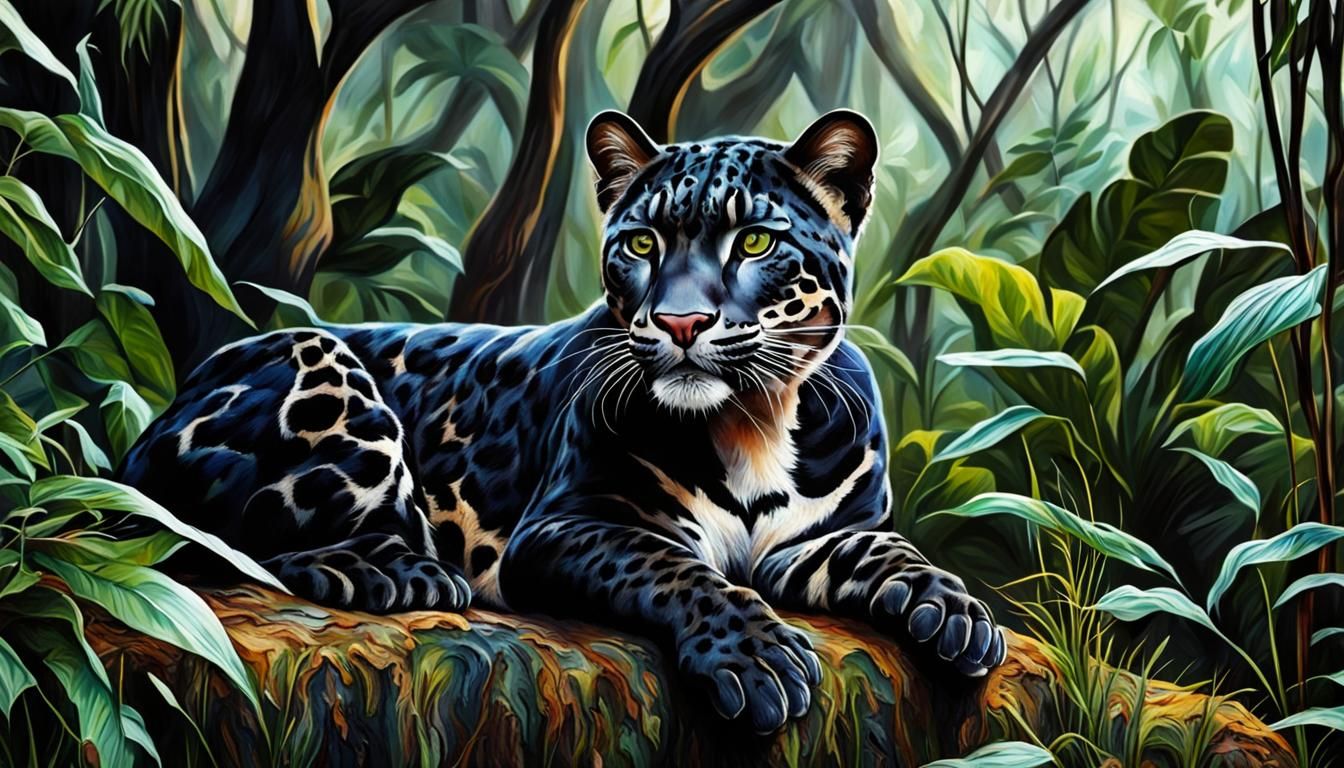 Realistic Clouded Leopard Roams Lush Jungle in Vibrant Hues