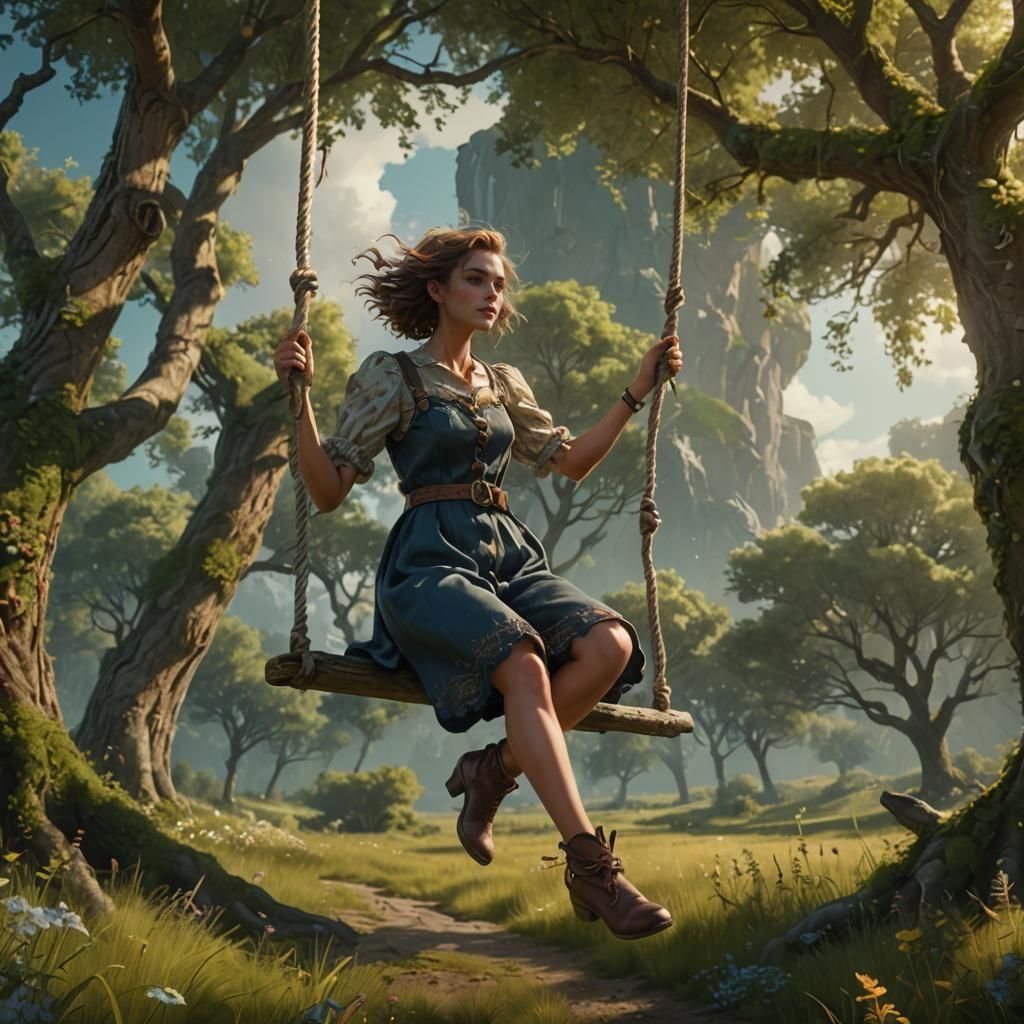 Whimsical Woman on Rope Swing, Detailed Matte Painting
