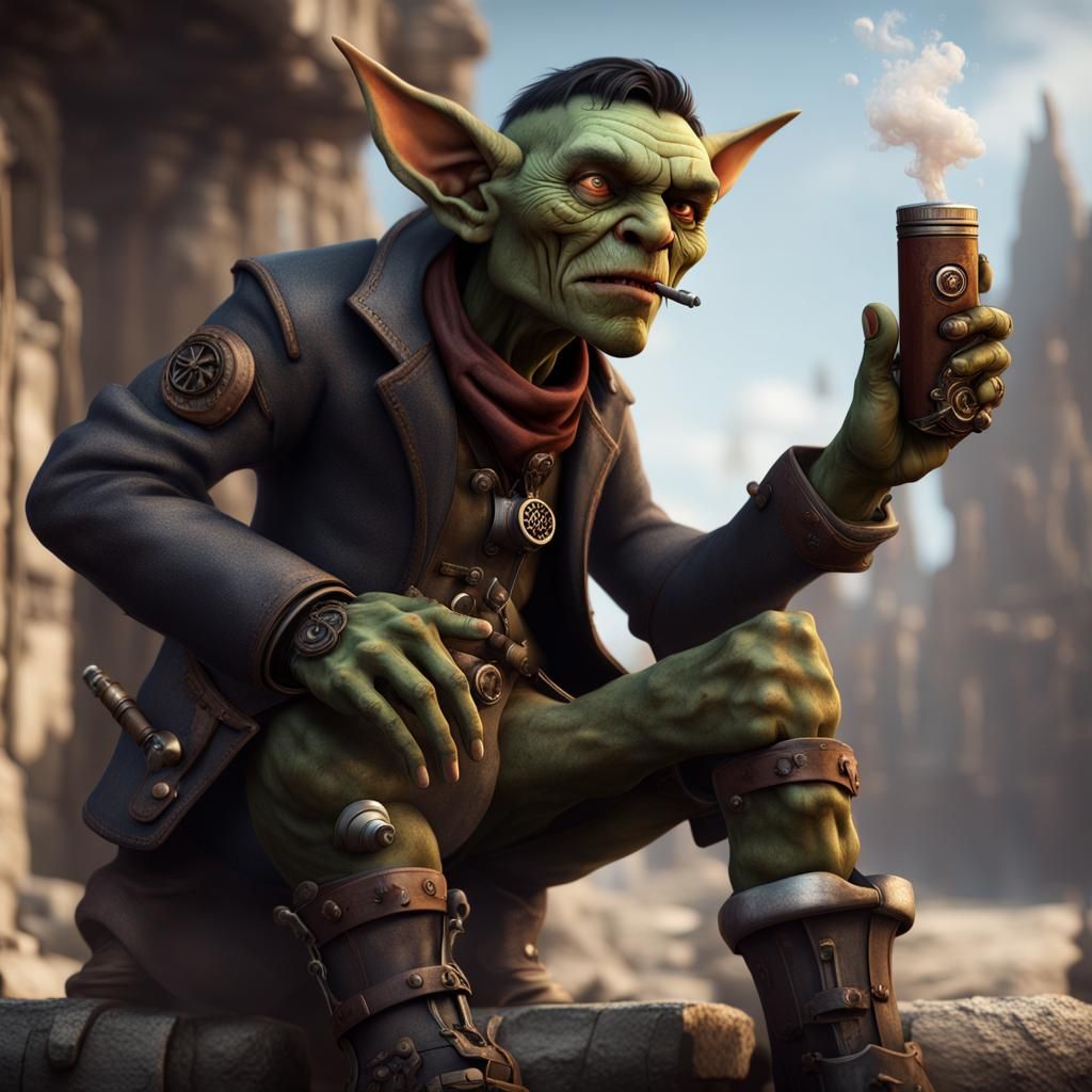 Goblin Engineer with Mechanical Leg: Detailed Fantasy Art