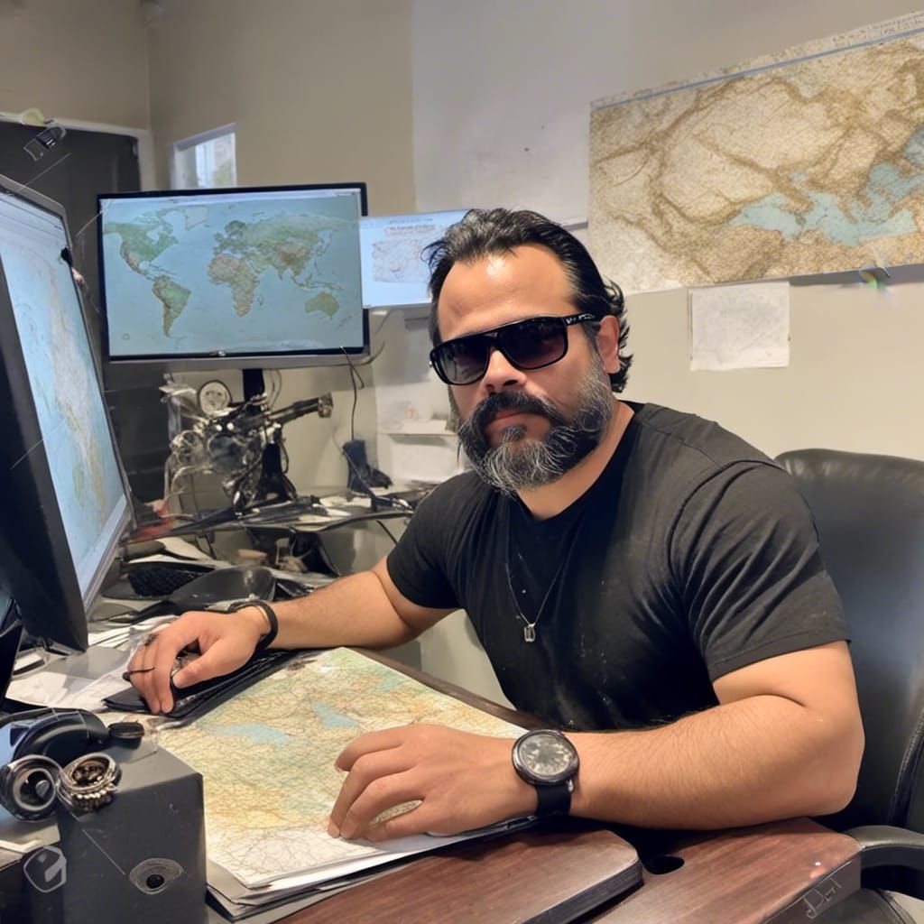 Geographer in Steampunk Office with GPS and Maps