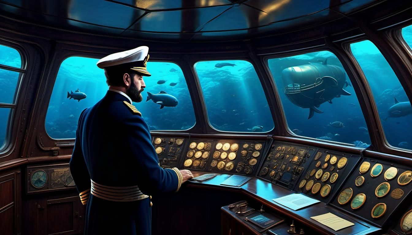 naval captain in the main cabin of a jules verne/captain nemo/nautilus style submarine