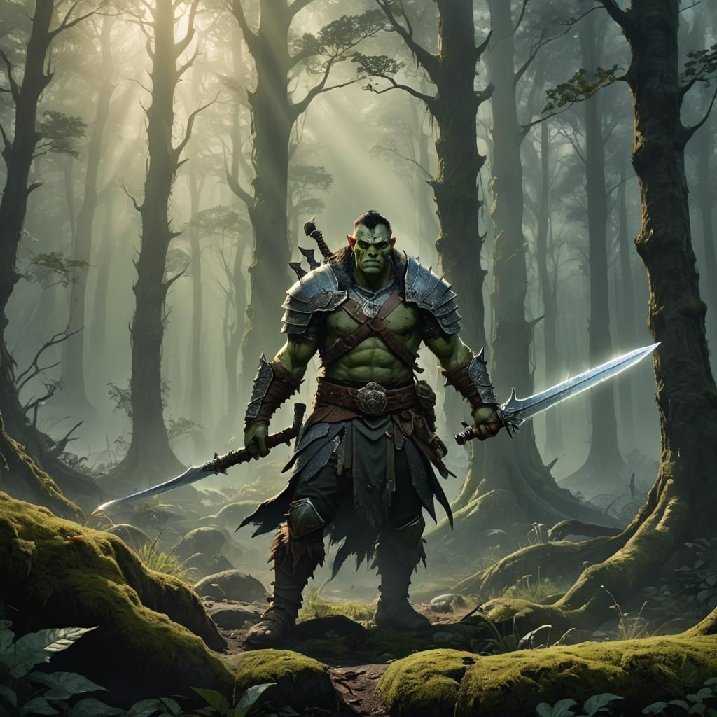 Half-Orc Fighter in Misty Forest, Fantasy Concept Art