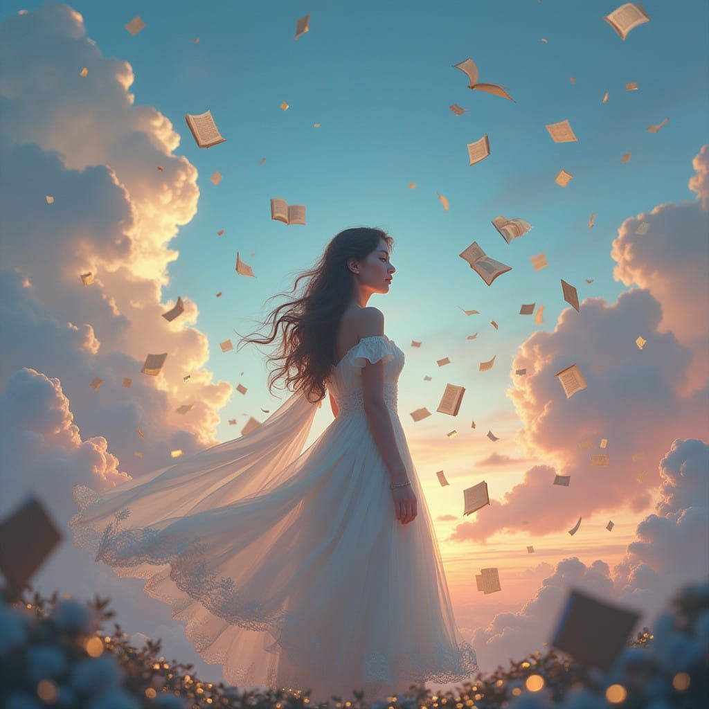 Beautiful woman, staring at the sky, marveling at the books that she remembers reading