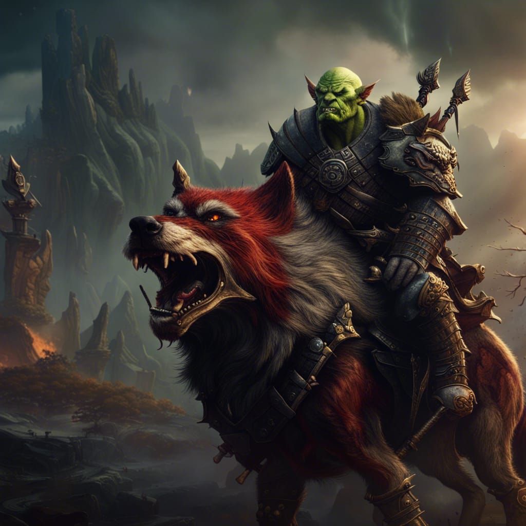Orc Riding Wolf in Battlefield Fantasy Art