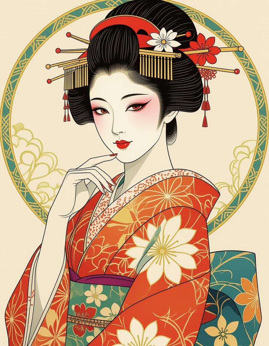 Elegant Kabuki Actress in Aquarelle Style