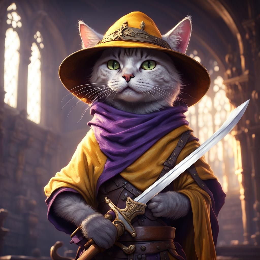 Adventurous Cat Warrior in Dark Fantasy Style