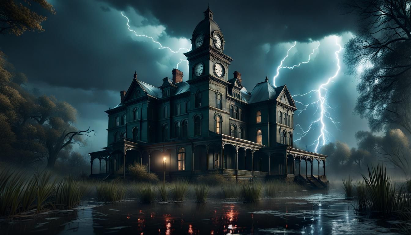 Haunted Victorian Asylum in Stormy Swamp