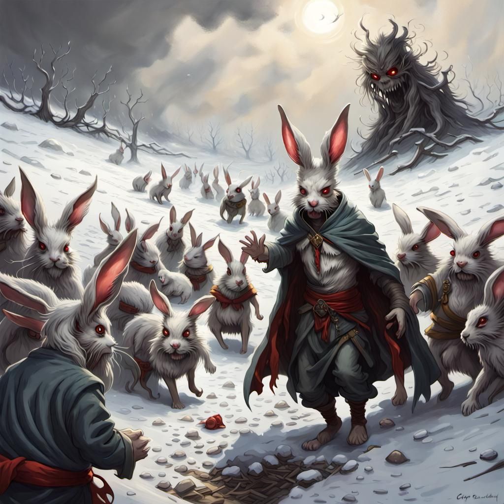 Demonic Bunny Horde in a Snow Landscape