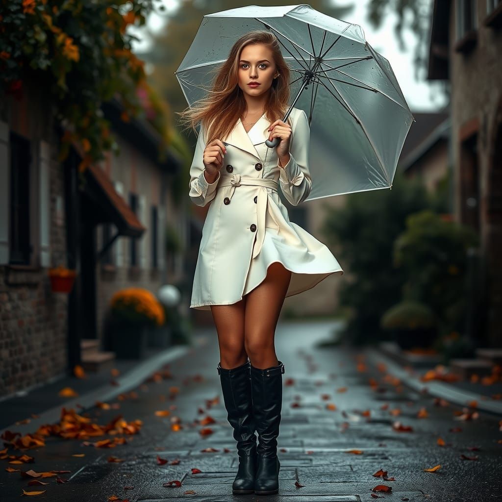 Woman in White Dress in Autumn Wind
