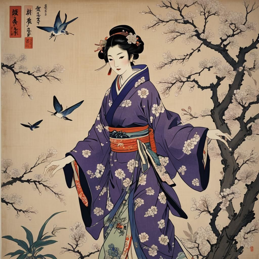 Ukiyo-e Woman with Butterflies and Flower