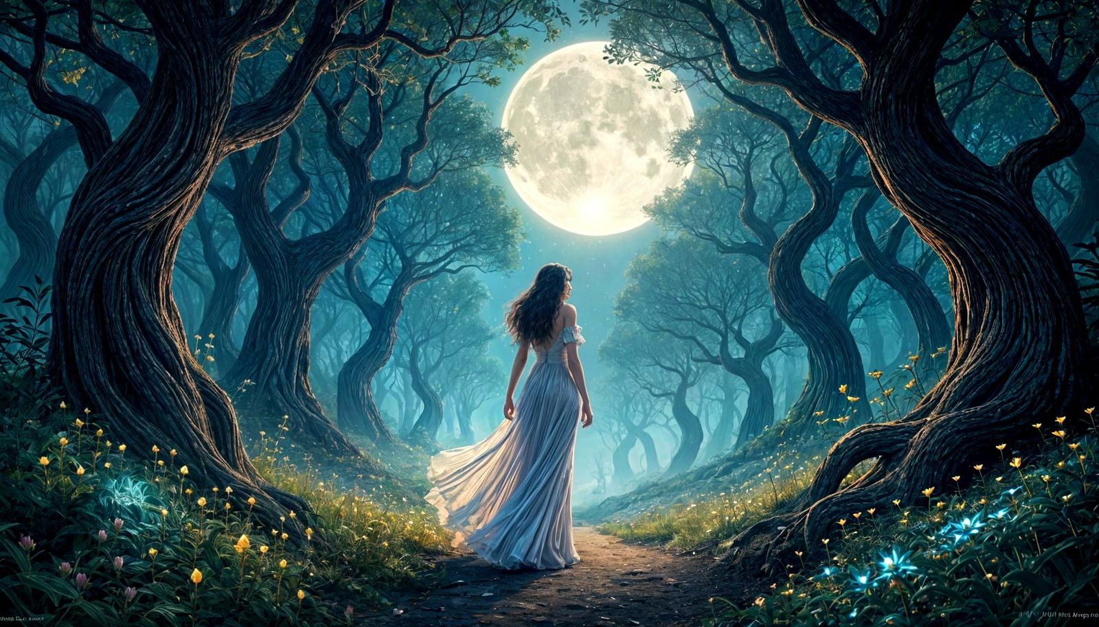 Ethereal Woman in Dreamlike Forest, Art Nouveau Style