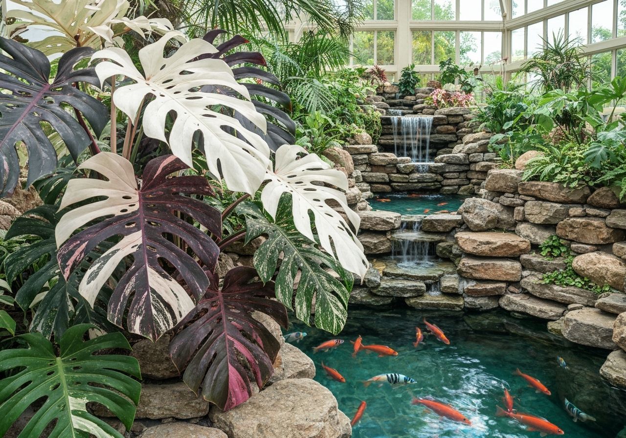 Giant Rainbow Monstera Leaves in Sunroom