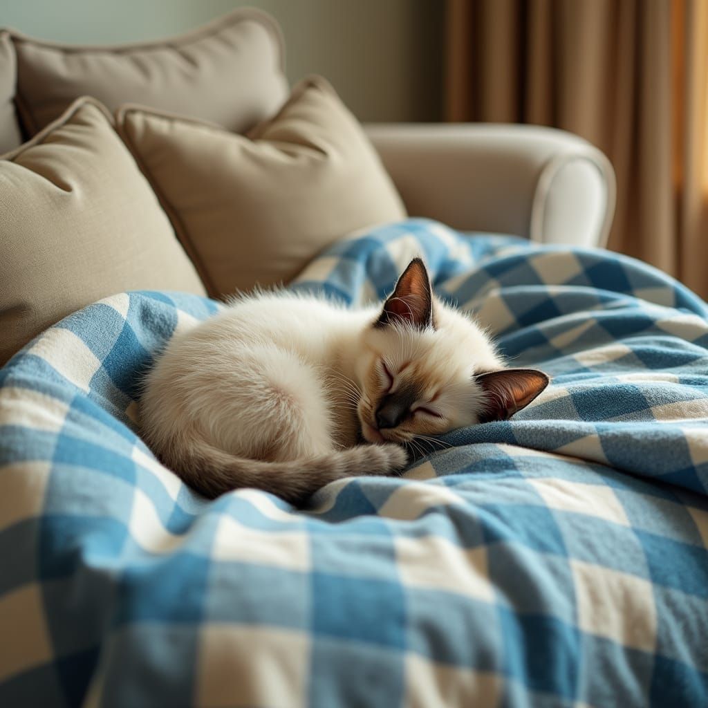 Gingham-Clad Siamese Kitten in Warm Domestic Bliss