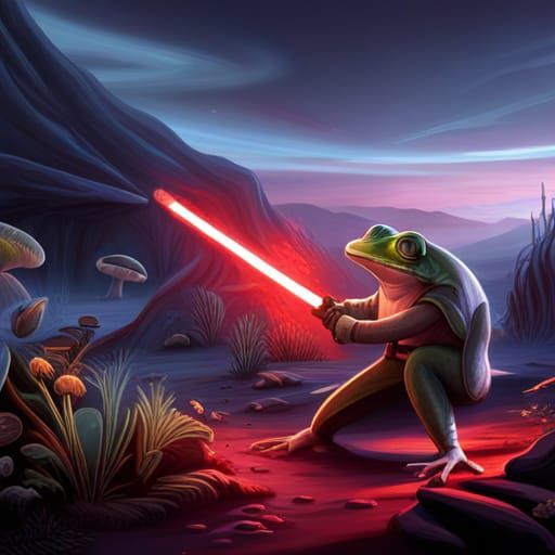 Frog and Mushroom Jedi Duel: Detailed Fantasy Art