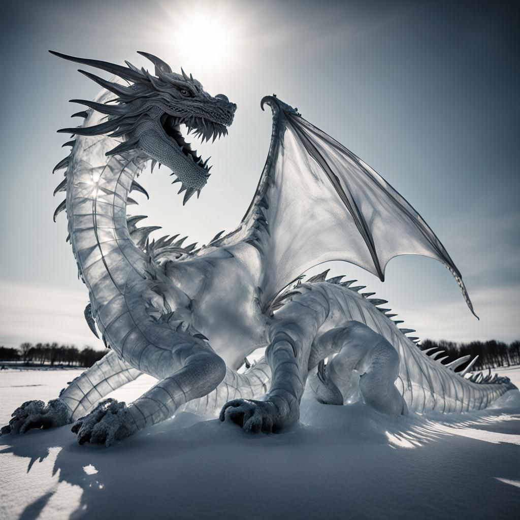 Magnificent Ice Dragon Sculpture in Sunset Light