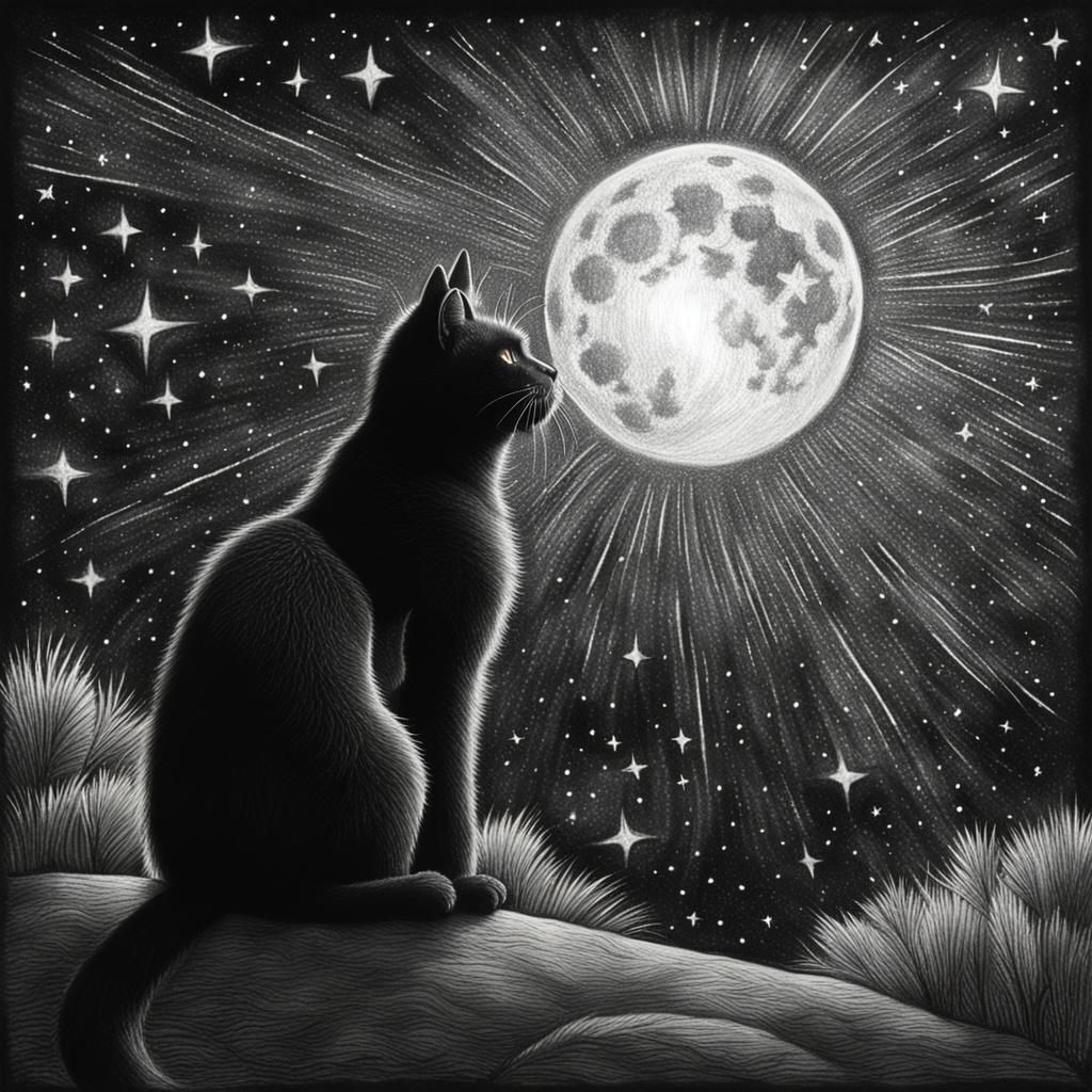 Black Cat Touches a Star: Hyperdetailed Charcoal Art