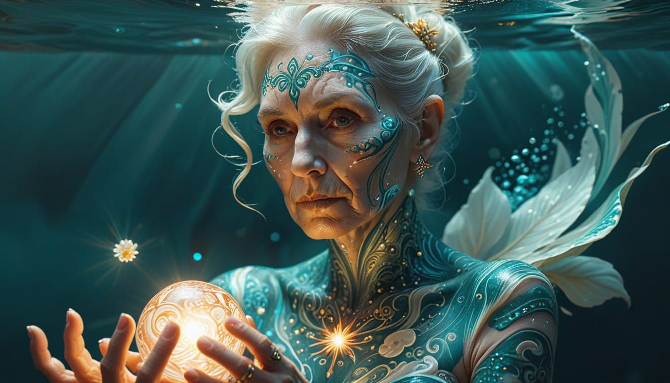 Elder Woman in Ethereal Splendor with Body Art and Celestial...