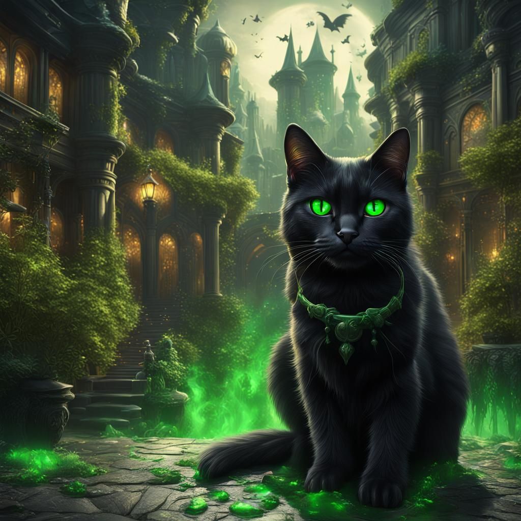 Black Cat with Green Eyes in Detailed Digital Painting