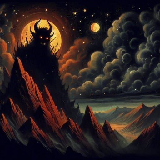 Surreal Demon Commands Worlds in Dark Ominous Landscape