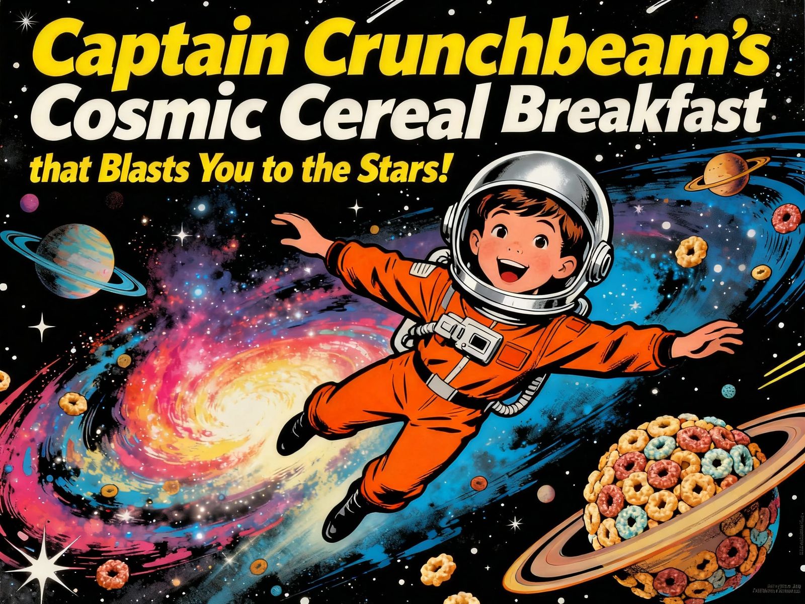 Retro Futurism Cereal Ad: Kid Floats in Space