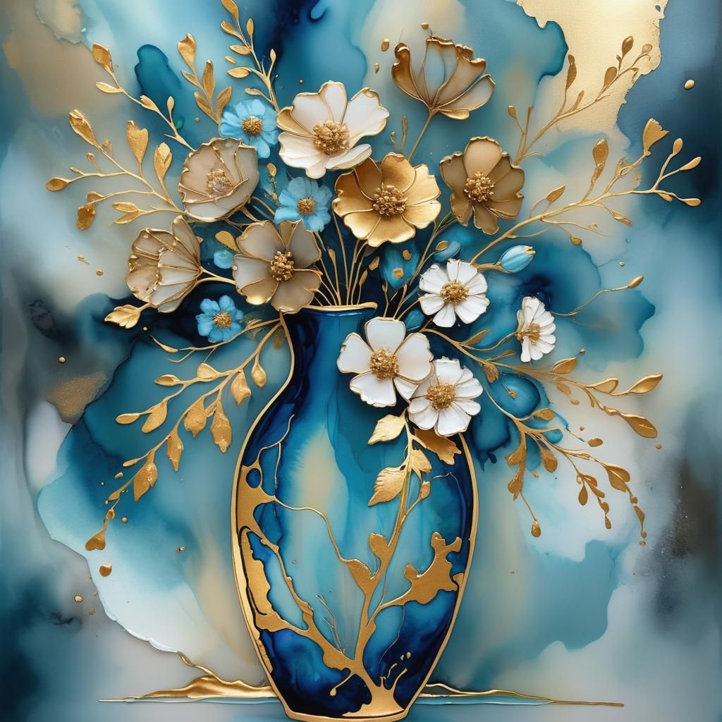 Abstract Vase with Flowers in Alcohol Ink