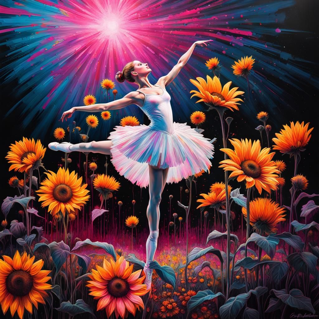 Ballerina Dancing in Sunflower Field, Ink Drawing