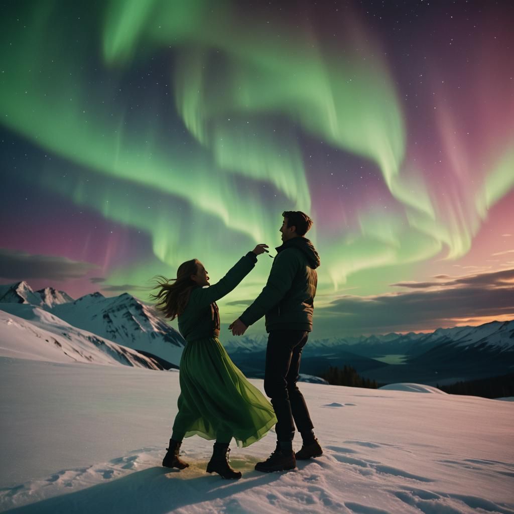 Couple Dancing Under Northern Lights in Cinematic Style
