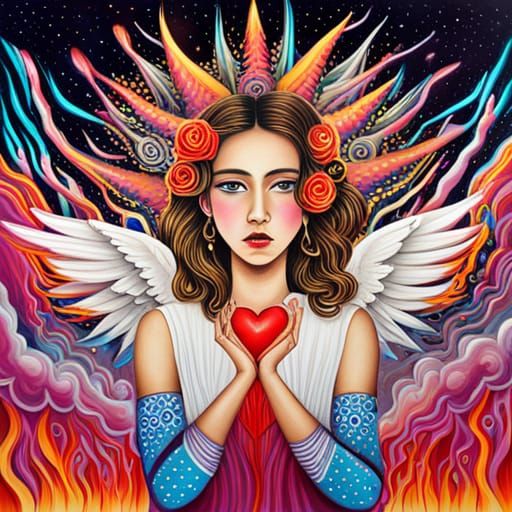 Harajuku Angels with Fire Wings in Graffiti Art Style