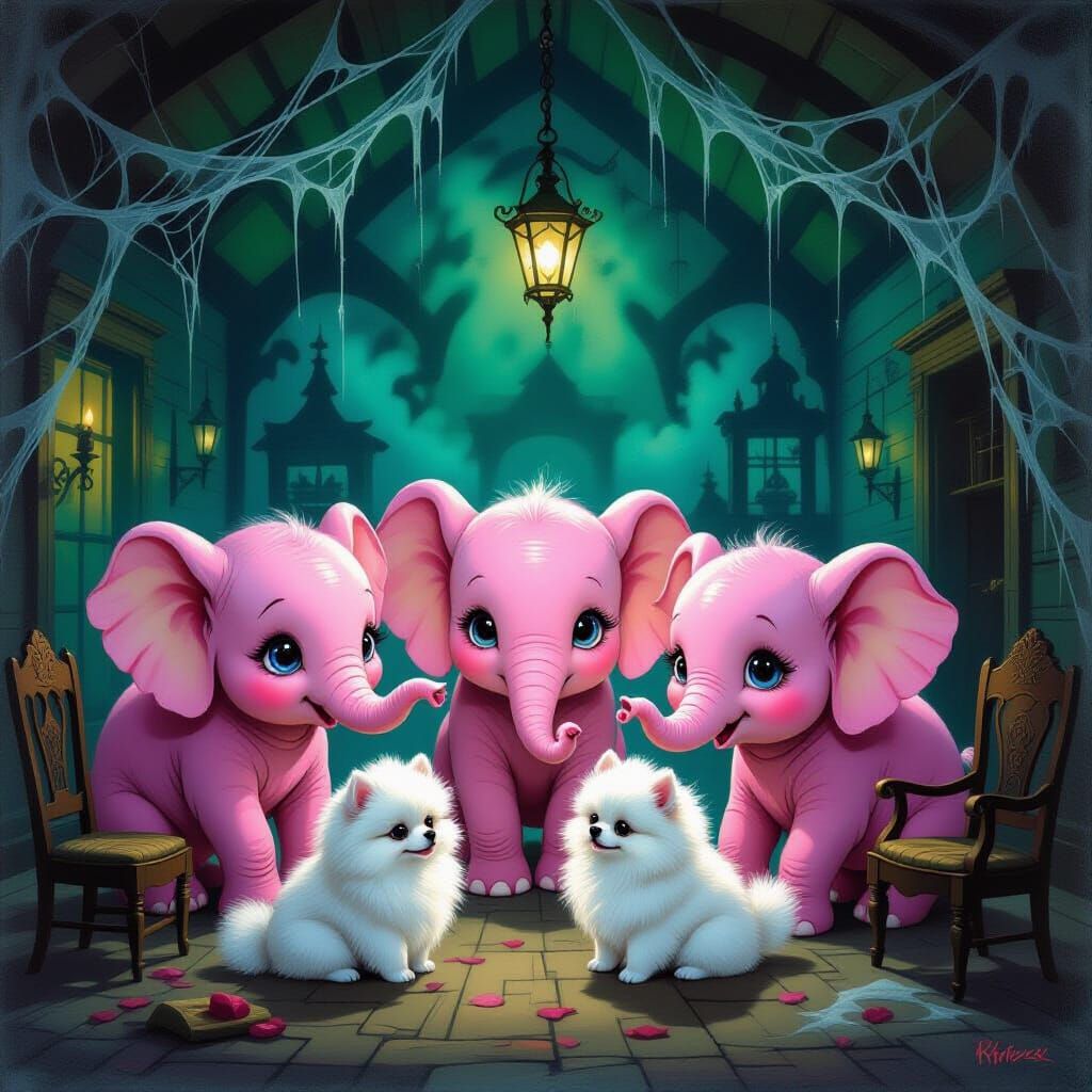 Surreal Pink Elephants Play With Pomeranians in Haunted Hous...