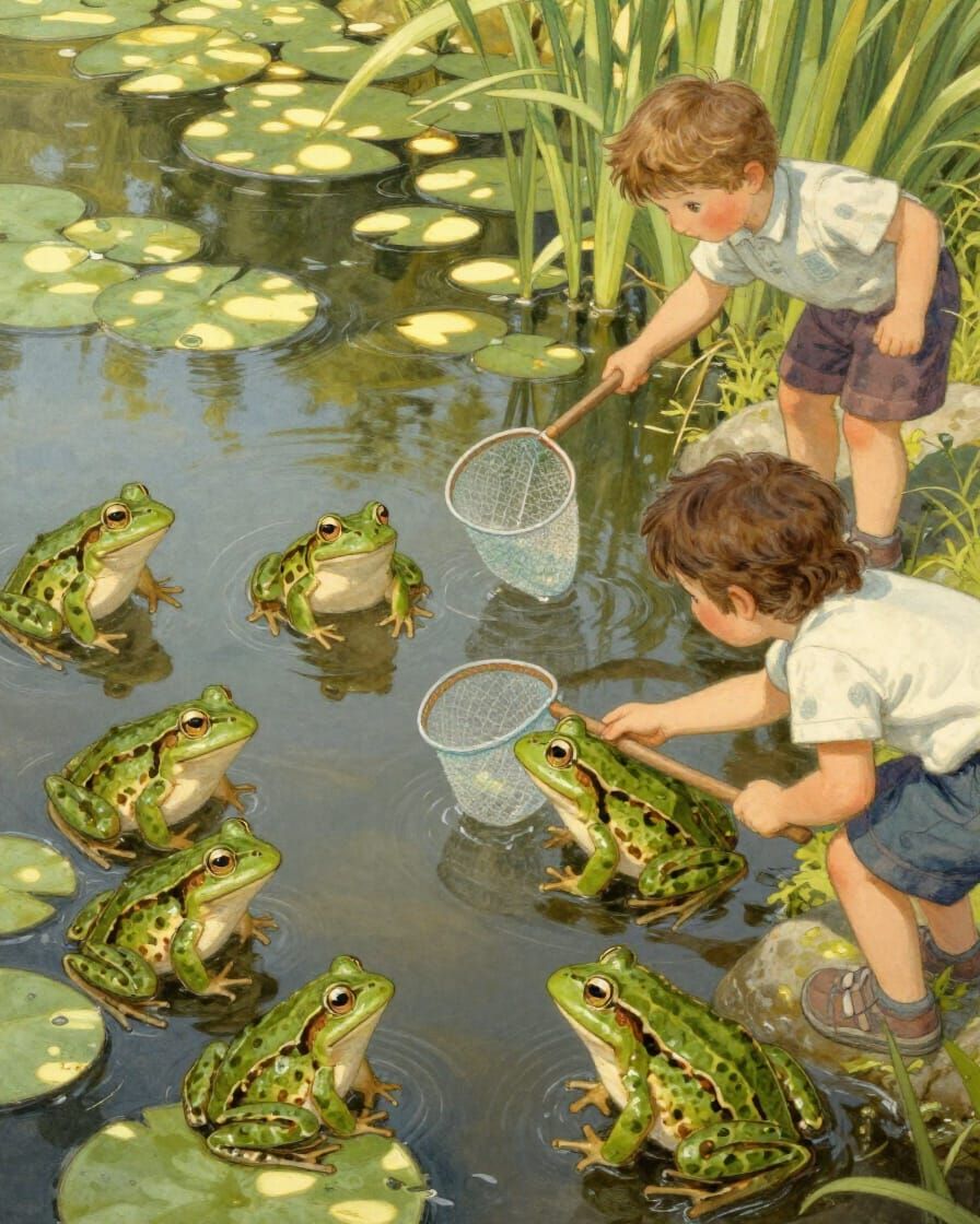 Whimsical Frogs and Children in a Sunny Pond