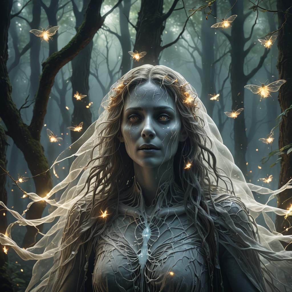 Ethereal Ghost Gleaming in Misty Forest, Fantasy Art