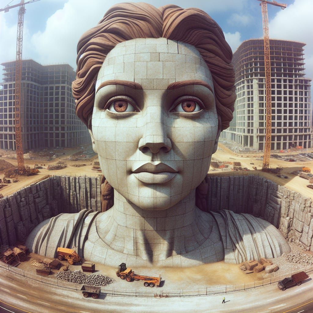 Monumental Stone Statue in Animated 3D Construction Scene