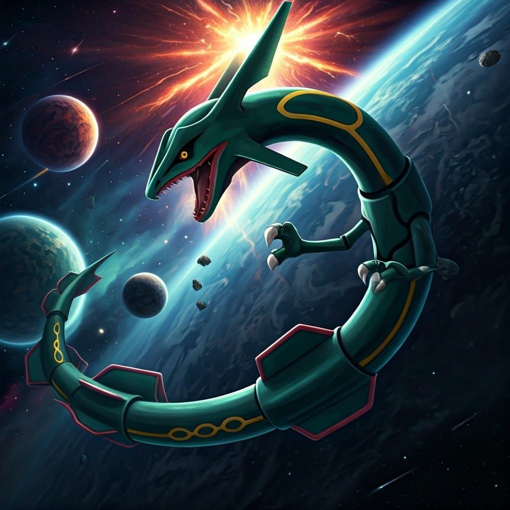 Rayquaza Soaring Through a Cosmic Landscape