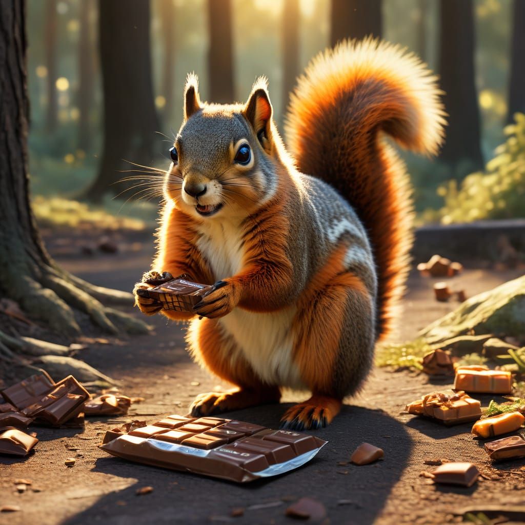 Fox Squirrel Steals Chocolate Bar, Digital Art