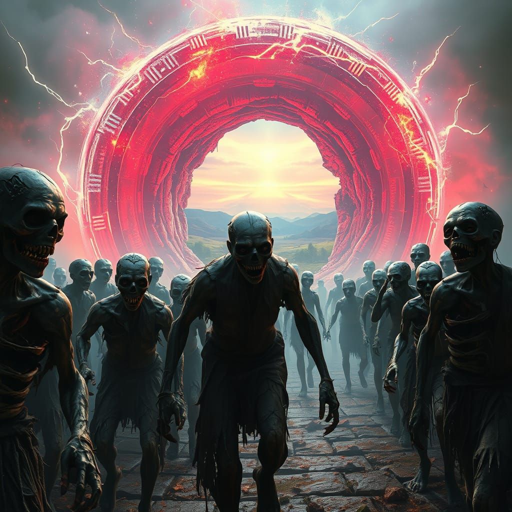 Zombie Horde Approaching Ominous Portal in Dark Fantasy