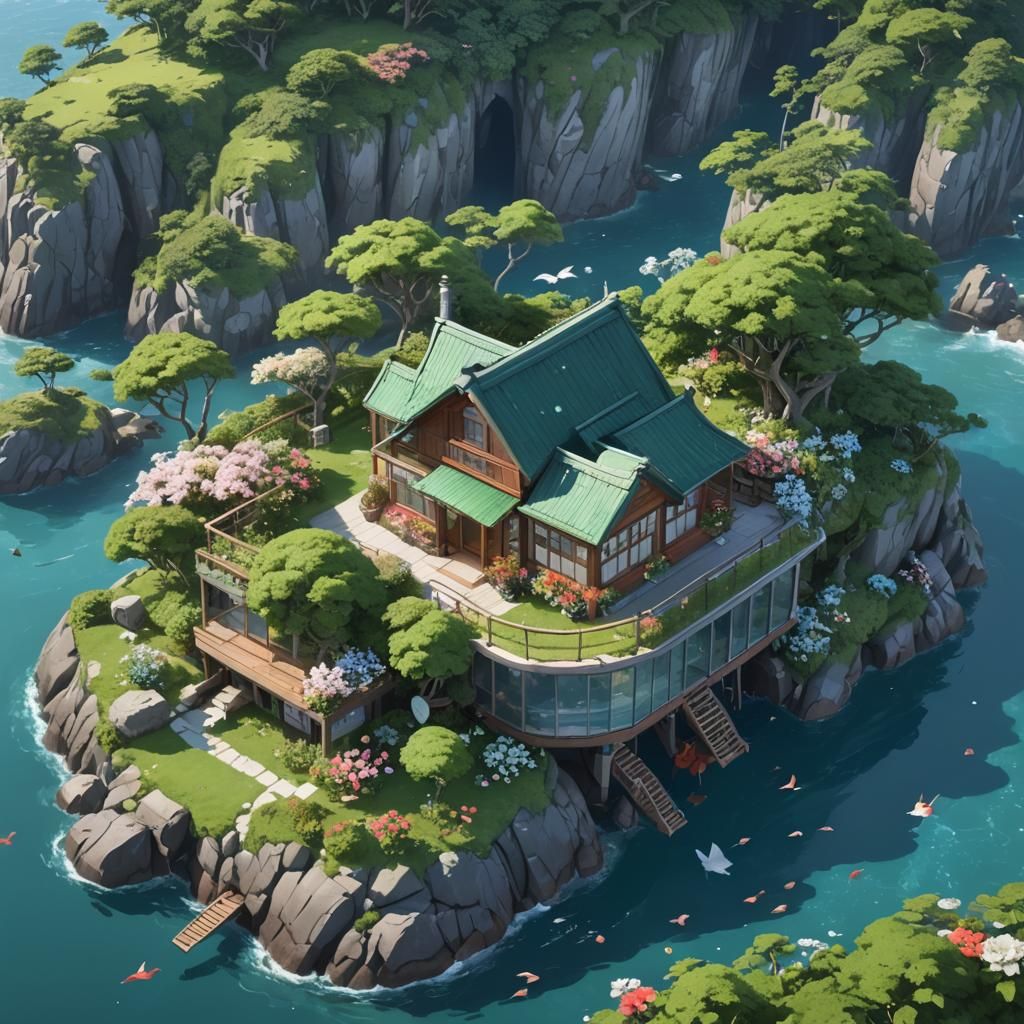 Island Glass House in Anime Style
