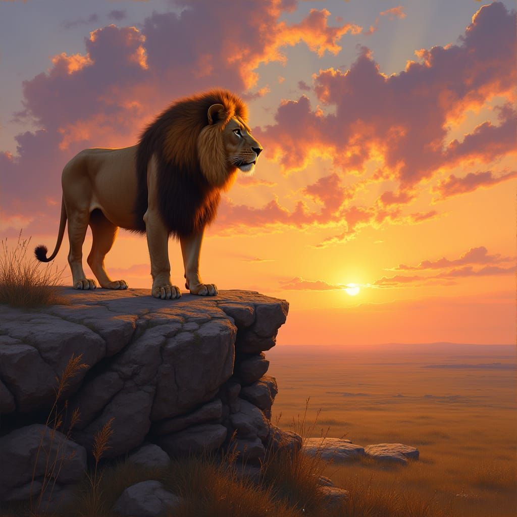 Majestic Lion Overlooking Plain at Sunset, Wildlife Painting