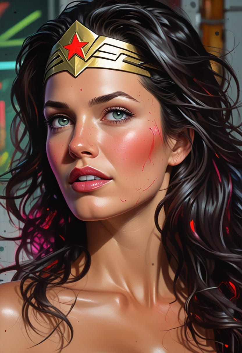 Wonder Woman Battles Cthulhu in Neon-Lit Cyberpunk Graffiti