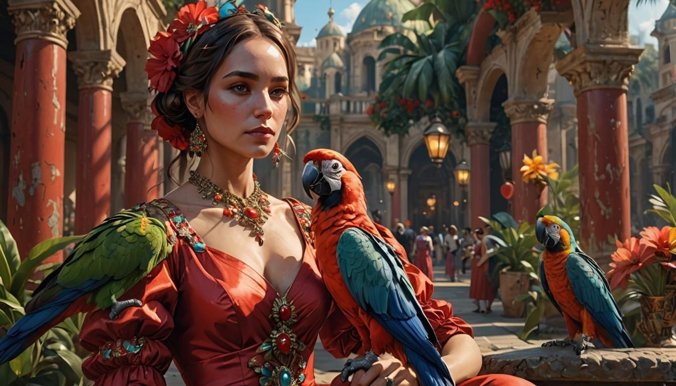 Woman with Parrot, Digital Art in High Resolution