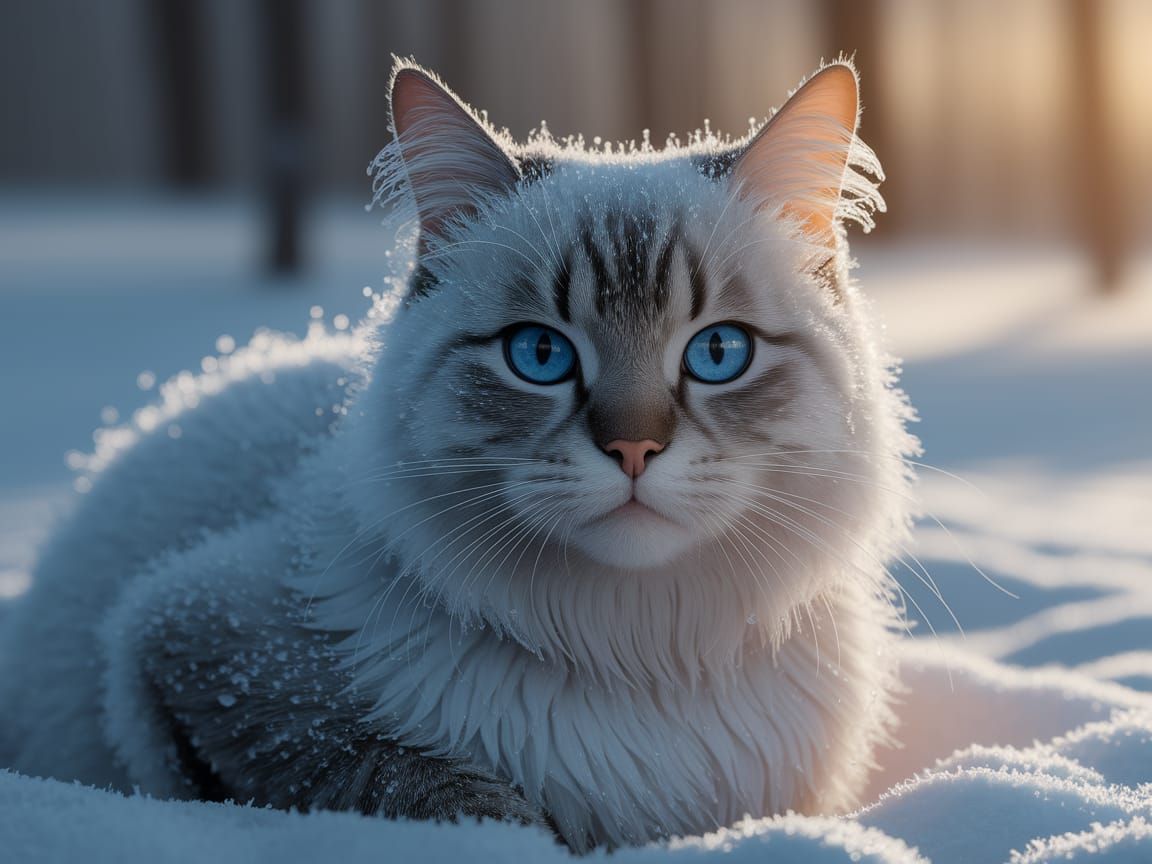 White Cat in Snow: Photorealistic Close-Up