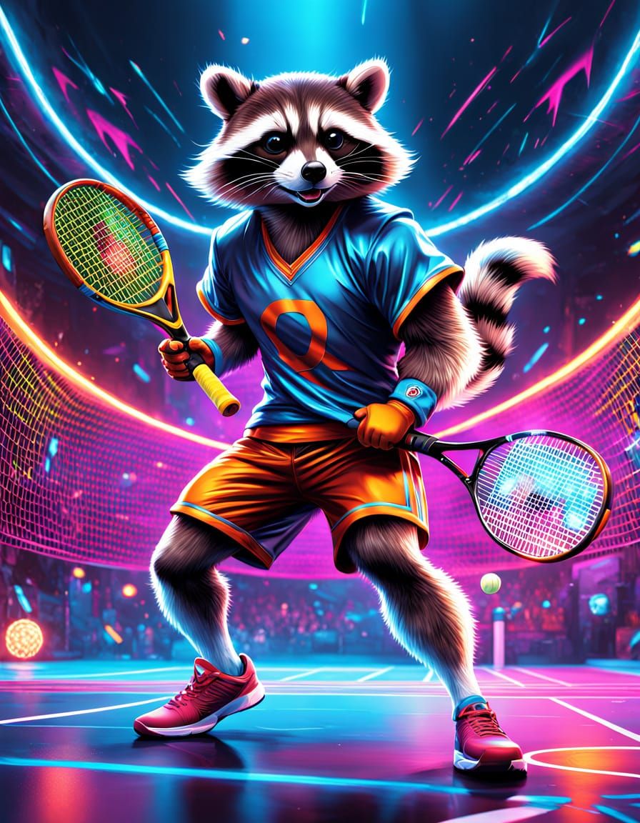 Raccoon Tennis Player in Airbrush Graffiti Art