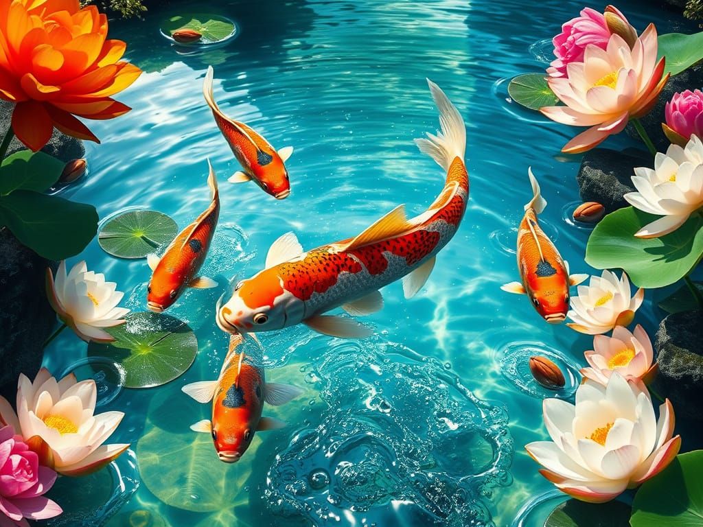 Vibrant Koi Carp in a Lush Lotus and Lolly Flanked Stream