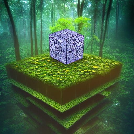 Surreal Floating Cube Labyrinth with Jungle Temple