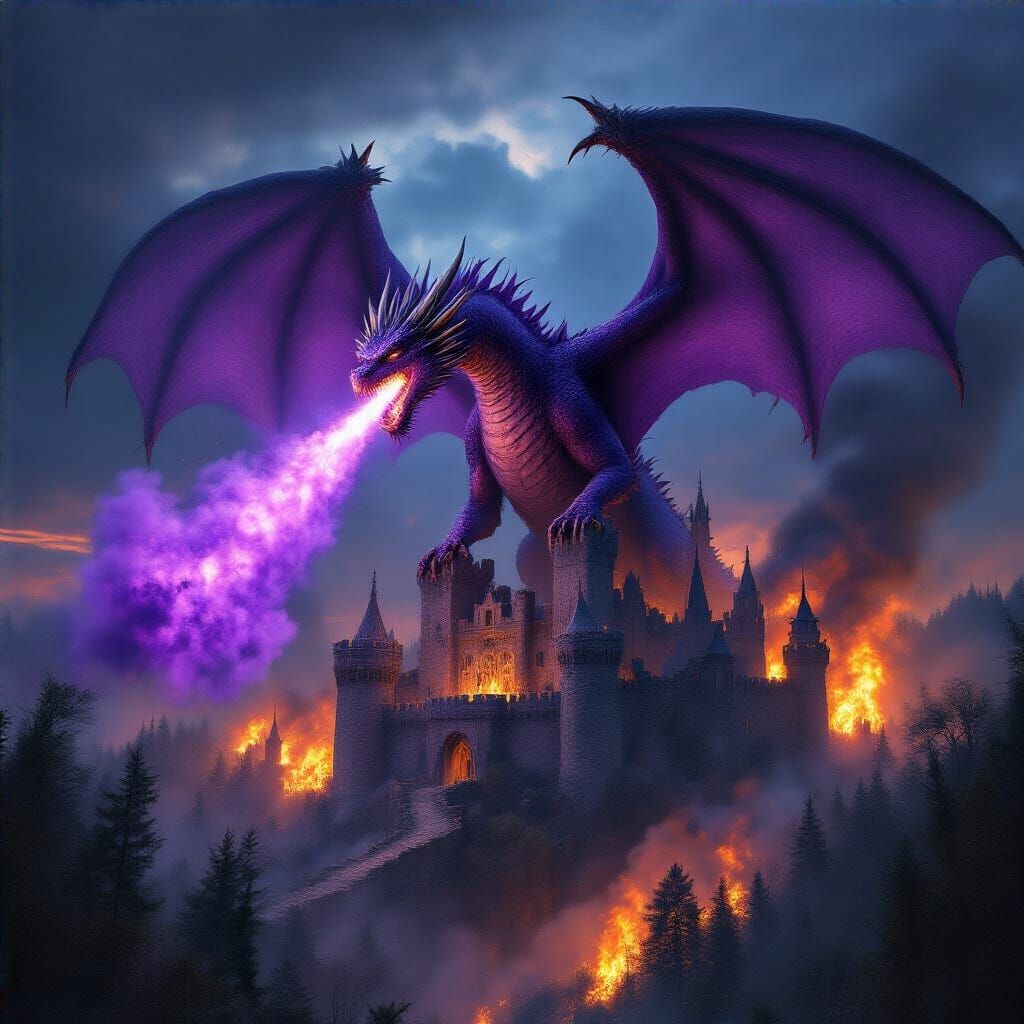Purple Dragon Burns Castle in Dark Fantasy Art