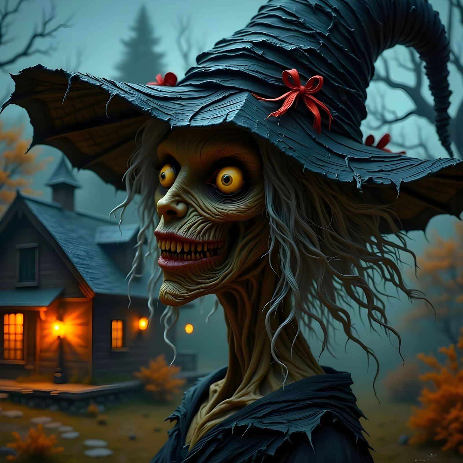 Grotesque Witch in Eerie Autumn Landscape