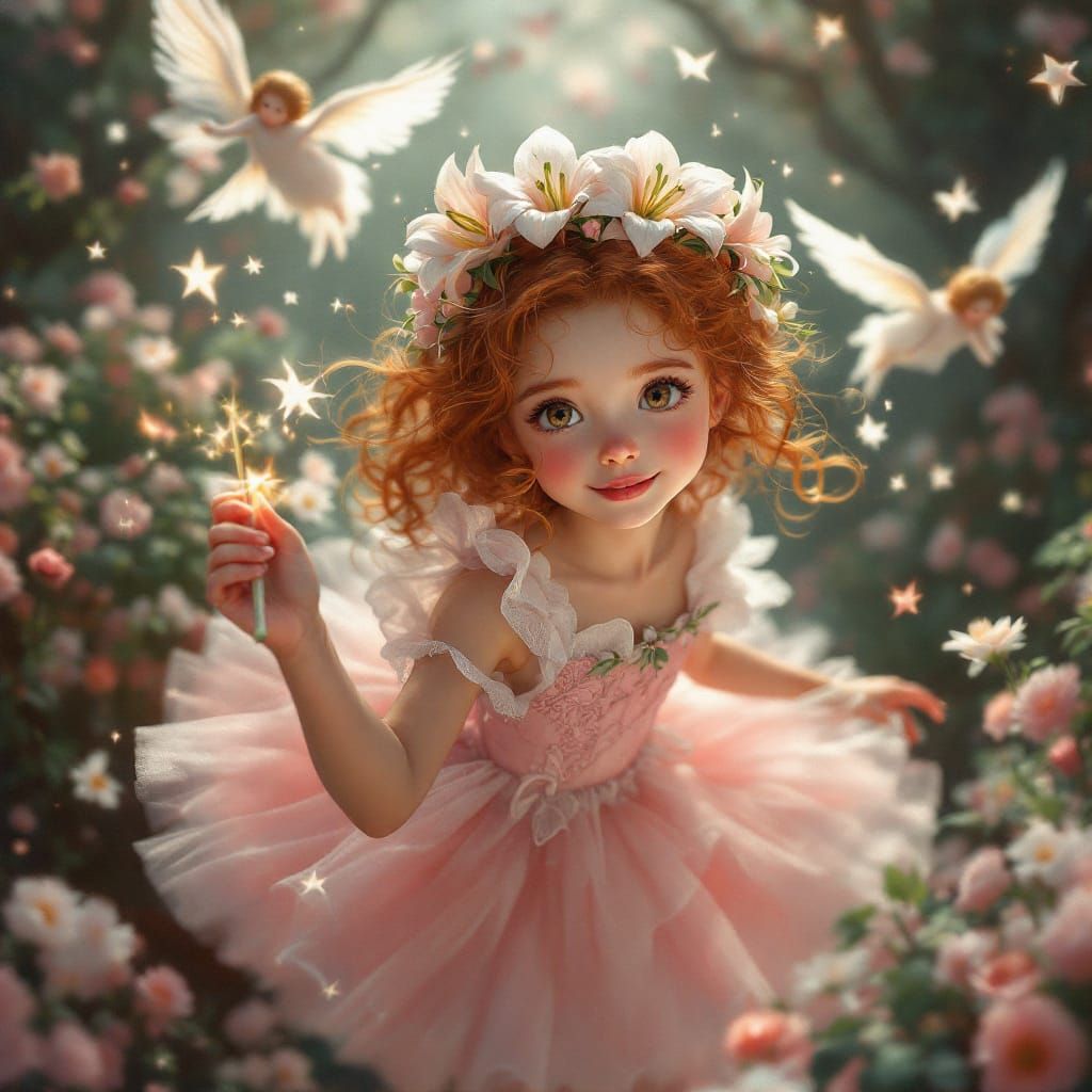 Fantasy Girl with Magic Wand in Dreamlike Scene