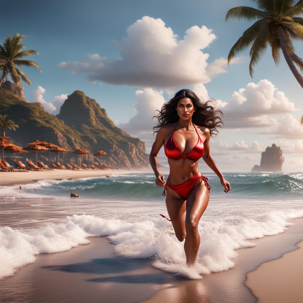Latina Woman in Red Bikini on Beach, Fantasy Art